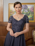 Annika A-Line/Princess Chiffon Applique V-neck Short Sleeves Floor-Length Mother of the Bride Dresses STIP0020337