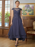 Averie A-Line/Princess Chiffon Applique Scoop Short Sleeves Asymmetrical Mother of the Bride Dresses STIP0020307