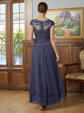 Averie A-Line/Princess Chiffon Applique Scoop Short Sleeves Asymmetrical Mother of the Bride Dresses STIP0020307