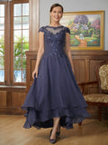 Averie A-Line/Princess Chiffon Applique Scoop Short Sleeves Asymmetrical Mother of the Bride Dresses STIP0020307