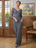 Harper Sheath/Column Jersey Lace V-neck 3/4 Sleeves Floor-Length Mother of the Bride Dresses STIP0020332