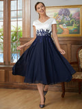 Raven A-Line/Princess Chiffon Applique V-neck Short Sleeves Tea-Length Mother of the Bride Dresses STIP0020349