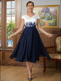 Raven A-Line/Princess Chiffon Applique V-neck Short Sleeves Tea-Length Mother of the Bride Dresses STIP0020349