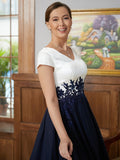 Raven A-Line/Princess Chiffon Applique V-neck Short Sleeves Tea-Length Mother of the Bride Dresses STIP0020349