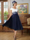 Raven A-Line/Princess Chiffon Applique V-neck Short Sleeves Tea-Length Mother of the Bride Dresses STIP0020349