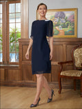 Olive Sheath/Column Chiffon Beading Scoop 1/2 Sleeves Knee-Length Mother of the Bride Dresses STIP0020351