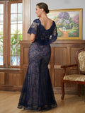 Chanel Sheath/Column Silk like Satin Lace V-neck Short Sleeves Floor-Length Mother of the Bride Dresses STIP0020338