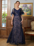 Chanel Sheath/Column Silk like Satin Lace V-neck Short Sleeves Floor-Length Mother of the Bride Dresses STIP0020338