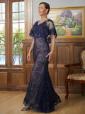 Chanel Sheath/Column Silk like Satin Lace V-neck Short Sleeves Floor-Length Mother of the Bride Dresses STIP0020338