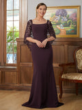 Maya Sheath/Column Stretch Crepe Lace Square 1/2 Sleeves Sweep/Brush Train Mother of the Bride Dresses STIP0020329