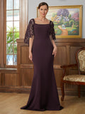 Maya Sheath/Column Stretch Crepe Lace Square 1/2 Sleeves Sweep/Brush Train Mother of the Bride Dresses STIP0020329