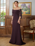 Maya Sheath/Column Stretch Crepe Lace Square 1/2 Sleeves Sweep/Brush Train Mother of the Bride Dresses STIP0020329