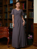 Cornelia A-Line/Princess Chiffon Ruched V-neck Short Sleeves Floor-Length Mother of the Bride Dresses STIP0020304