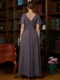 Cornelia A-Line/Princess Chiffon Ruched V-neck Short Sleeves Floor-Length Mother of the Bride Dresses STIP0020304