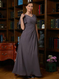 Cornelia A-Line/Princess Chiffon Ruched V-neck Short Sleeves Floor-Length Mother of the Bride Dresses STIP0020304