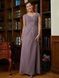 Ava Sheath/Column Chiffon Lace V-neck Short Sleeves Floor-Length Mother of the Bride Dresses STIP0020339