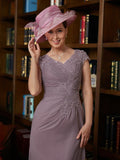 Ava Sheath/Column Chiffon Lace V-neck Short Sleeves Floor-Length Mother of the Bride Dresses STIP0020339