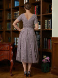 Emilia A-Line/Princess Chiffon Lace Scoop Short Sleeves Tea-Length Mother of the Bride Dresses STIP0020302