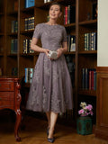 Emilia A-Line/Princess Chiffon Lace Scoop Short Sleeves Tea-Length Mother of the Bride Dresses STIP0020302