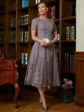 Emilia A-Line/Princess Chiffon Lace Scoop Short Sleeves Tea-Length Mother of the Bride Dresses STIP0020302