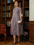 Emilia A-Line/Princess Chiffon Lace Scoop Short Sleeves Tea-Length Mother of the Bride Dresses STIP0020302