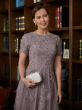 Emilia A-Line/Princess Chiffon Lace Scoop Short Sleeves Tea-Length Mother of the Bride Dresses STIP0020302