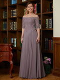 Gertie A-Line/Princess Chiffon Applique Off-the-Shoulder 3/4 Sleeves Floor-Length Mother of the Bride Dresses STIP0020308