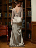 Sandy A-Line/Princess Silk Like Satin Lace V-neck 3/4 Sleeves Sweep/Brush Train Mother of the Bride Dresses STIP0020342