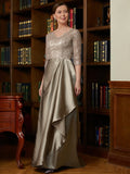 Sandy A-Line/Princess Silk Like Satin Lace V-neck 3/4 Sleeves Sweep/Brush Train Mother of the Bride Dresses STIP0020342