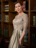 Sandy A-Line/Princess Silk Like Satin Lace V-neck 3/4 Sleeves Sweep/Brush Train Mother of the Bride Dresses STIP0020342