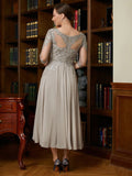 Mia A-Line/Princess Chiffon Lace Scoop 3/4 Sleeves Tea-Length Mother of the Bride Dresses STIP0020300