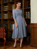 Heidi A-Line/Princess Chiffon Lace Scoop 1/2 Sleeves Tea-Length Mother of the Bride Dresses STIP0020356