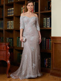 Savanna Sheath/Column Lace Applique Off-the-Shoulder 3/4 Sleeves Sweep/Brush Train Mother of the Bride Dresses STIP0020331