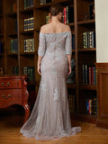 Savanna Sheath/Column Lace Applique Off-the-Shoulder 3/4 Sleeves Sweep/Brush Train Mother of the Bride Dresses STIP0020331