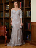 Savanna Sheath/Column Lace Applique Off-the-Shoulder 3/4 Sleeves Sweep/Brush Train Mother of the Bride Dresses STIP0020331