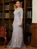 Savanna Sheath/Column Lace Applique Off-the-Shoulder 3/4 Sleeves Sweep/Brush Train Mother of the Bride Dresses STIP0020331