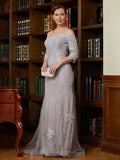 Savanna Sheath/Column Lace Applique Off-the-Shoulder 3/4 Sleeves Sweep/Brush Train Mother of the Bride Dresses STIP0020331