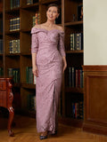 Allyson Sheath/Column Satin Lace Off-the-Shoulder 3/4 Sleeves Floor-Length Mother of the Bride Dresses STIP0020343