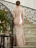 Judy Sheath/Column Satin Lace Sweetheart Short Sleeves Floor-Length Mother of the Bride Dresses STIP0020314