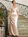 Judy Sheath/Column Satin Lace Sweetheart Short Sleeves Floor-Length Mother of the Bride Dresses STIP0020314