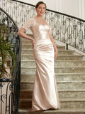 Judy Sheath/Column Satin Lace Sweetheart Short Sleeves Floor-Length Mother of the Bride Dresses STIP0020314