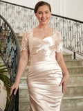 Judy Sheath/Column Satin Lace Sweetheart Short Sleeves Floor-Length Mother of the Bride Dresses STIP0020314