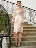 Julia Sheath/Column Satin Lace V-neck Long Sleeves Knee-Length Mother of the Bride Dresses STIP0020359