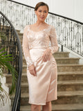 Julia Sheath/Column Satin Lace V-neck Long Sleeves Knee-Length Mother of the Bride Dresses STIP0020359