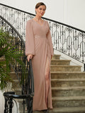 Gia A-Line/Princess Chiffon Applique V-neck Long Sleeves Floor-Length Mother of the Bride Dresses STIP0020313