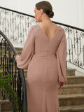 Gia A-Line/Princess Chiffon Applique V-neck Long Sleeves Floor-Length Mother of the Bride Dresses STIP0020313