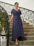 Ashlee A-Line/Princess Chiffon Beading V-neck Short Sleeves Asymmetrical Mother of the Bride Dresses STIP0020312