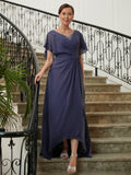 Ashlee A-Line/Princess Chiffon Beading V-neck Short Sleeves Asymmetrical Mother of the Bride Dresses STIP0020312