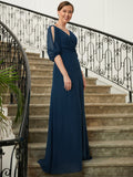 Serenity A-Line/Princess Chiffon Ruched V-neck 1/2 Sleeves Floor-Length Mother of the Bride Dresses STIP0020344