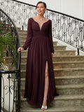 Belen A-Line/Princess Chiffon Ruched V-neck Long Sleeves Floor-Length Mother of the Bride Dresses STIP0020345